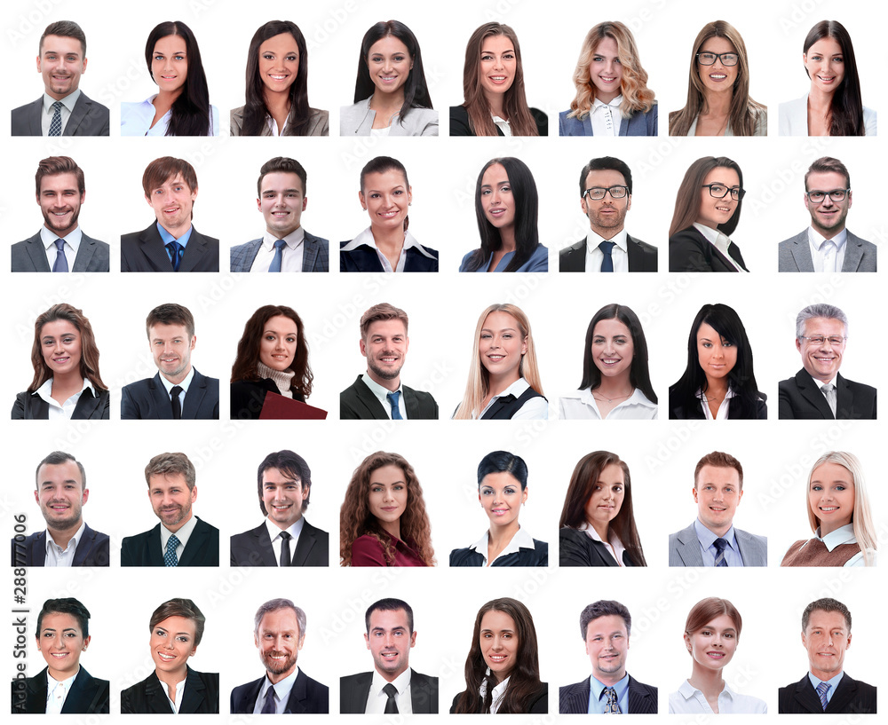 collage of portraits of successful employees isolated on white collage of portraits of successful employees isolated on white