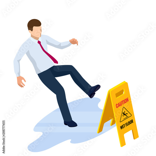 Isometric caution wet floor sign isolated on white background. The man slipped on the wet floor.