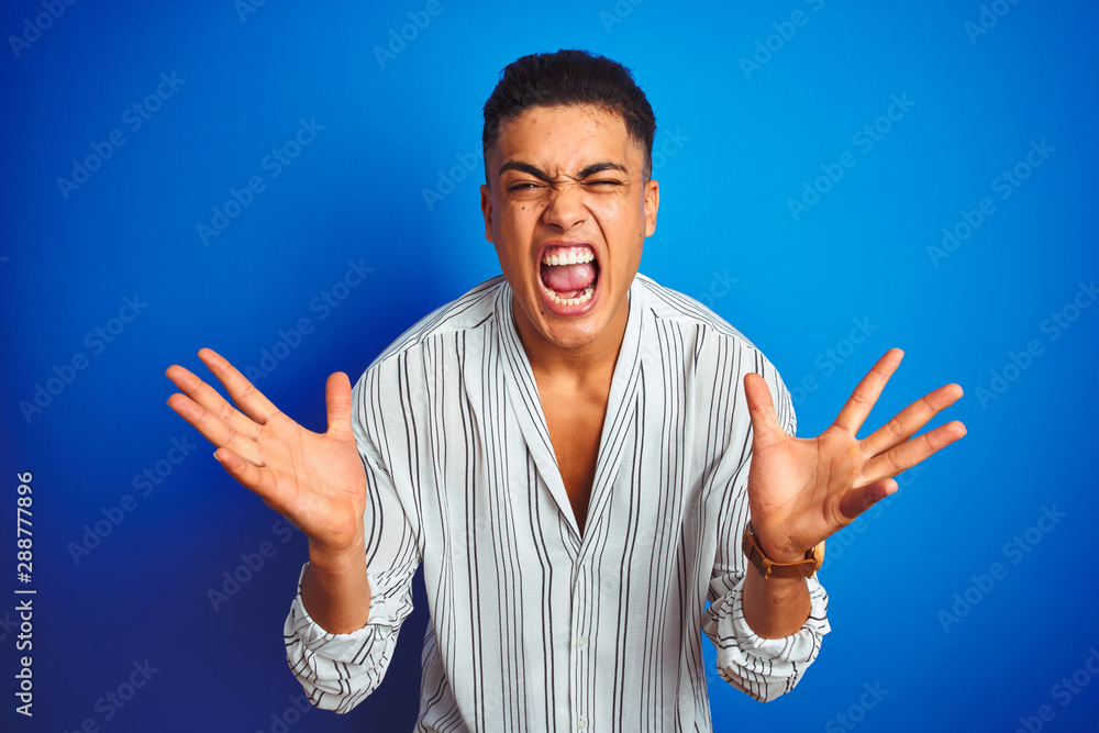 Young brazilian man wearing striped shirt standing over isolated blue background celebrating crazy and amazed for success with arms raised and open eyes screaming excited. Winner concept Young brazilian man wearing striped shirt standing over isolated blue background celebrating crazy and amazed for success with arms raised and open eyes screaming excited. Winner concept