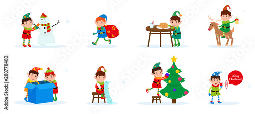 Vector set of flat cute cartoon Christmas elves. Isolated colorful Santa elf collection. Happy New Year  Merry Christmas illustration design elements for print  web  applications  postcard  banner.