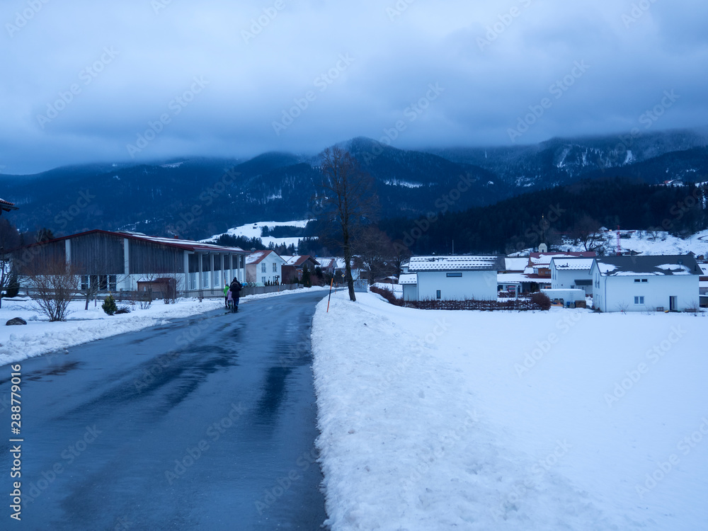 Fototapeta premium Paisaje de invierno frío y nevado en Teisendorf, región de Baviera en Alemania, diciembre de 2018