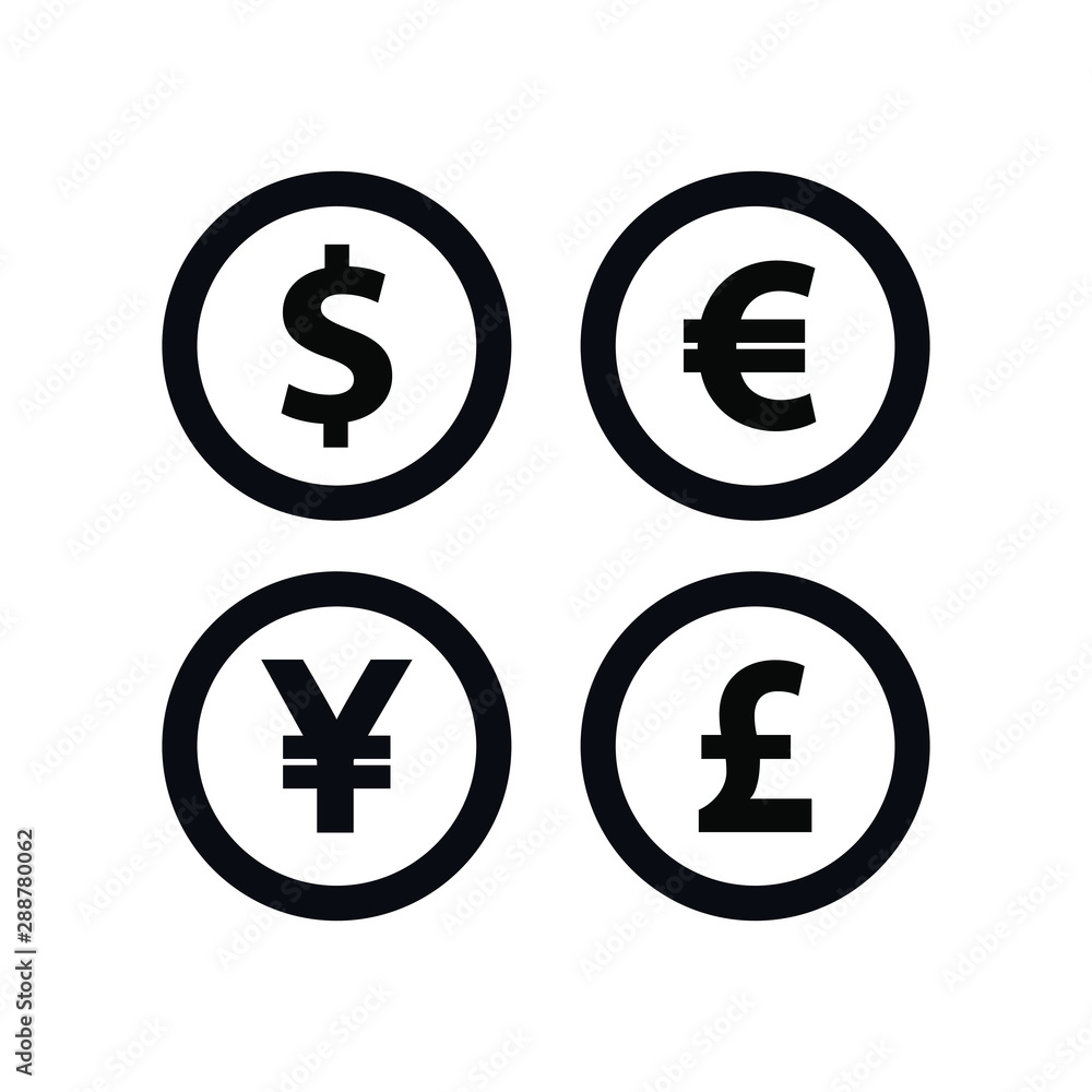 Currency icon set. Money sign. Euro, Dollar, Yen, Pound. Vector illustration Currency icon set. Money sign. Euro, Dollar, Yen, Pound. Vector illustration