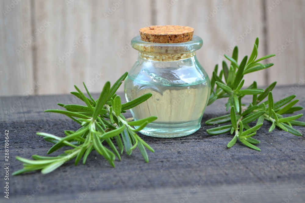 Essential oil of rosemary with fresh green leaves Essential oil of rosemary with fresh green leaves