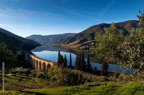 Scenic view of the Douro River with terraced vineyards near the village of Foz Coa, in Portugal; Concept for travel in Portugal and most beautiful places in Portugal photo