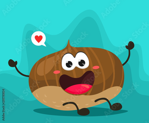 Cheerful edible chestnut in cartoon flat style. Vector illustration. Maroon.