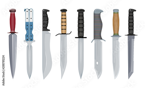 Types of Military Knives. Fighting Knife. Blade Types. American Tanto. Steel Arms. Vector graphics to design.