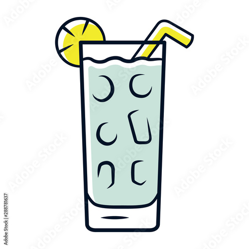 Cocktail in highball glass grey color icon. Summer icy refreshing soft drink with slice of lemon and straw. Tumbler with tall mixed drink. Gin and tonic. Isolated vector illustration