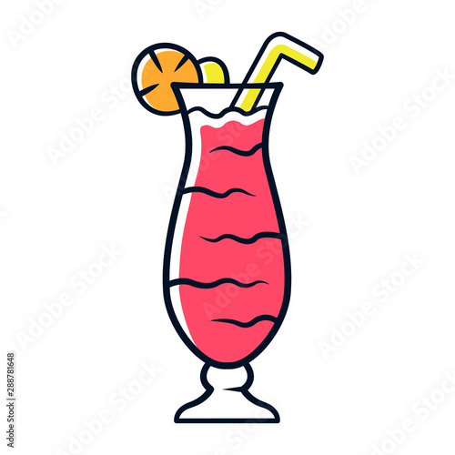 Cocktail in hurricane glass red color icon. Refreshing alcohol drink for party. Tumbler with tall beverage, slice of lemon, straw. Mixed liquid with rum and fruit juice. Isolated vector illustration