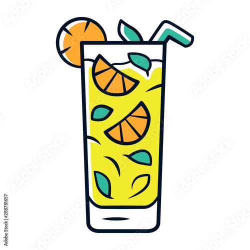 Moxito color icon. Mojito cocktail in highball glass slice of citrus and straw. Mixed drink with mint and lemon. Refreshing alcohol drink for party. Isolated vector illustration