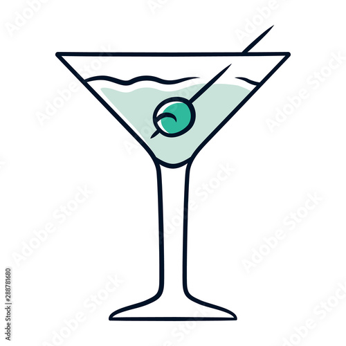 Martini blue color icon. Footed glass with drink and olive. Cocktail with gin and vermouth. Refreshing alcoholic beverage for party. Tumbler with mixed drink. Isolated vector illustration