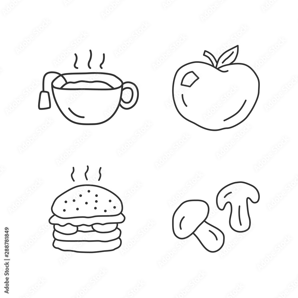 Premium Vector | A black and white drawing of various food items including  a burger pizza cheese and pizza