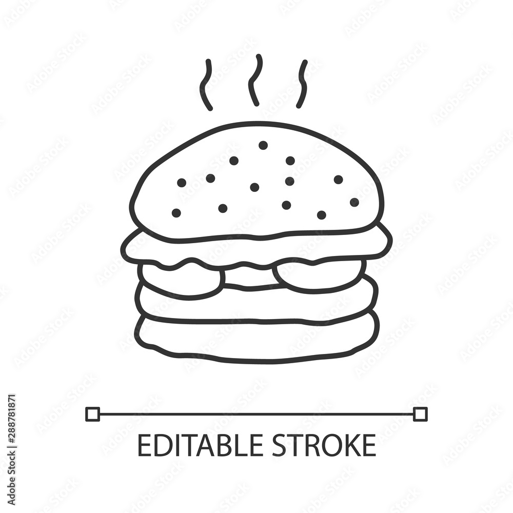 Delicious burger linear icon. Tasty hamburger thin line illustration. Unhealthy nutrition, harmful eating, takeaway service contour symbol. Fast food vector isolated outline drawing. Editable stroke Delicious burger linear icon. Tasty hamburger thin line illustration. Unhealthy nutrition, harmful eating, takeaway service contour symbol. Fast food vector isolated outline drawing. Editable stroke