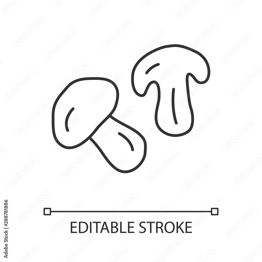 Edible mushroom linear icon. Cut champignon, shiitake slice thin line illustration. Healthy nutrition, vegetarian food contour symbol. Forest plant vector isolated outline drawing. Editable stroke Edible mushroom linear icon. Cut champignon, shiitake slice thin line illustration. Healthy nutrition, vegetarian food contour symbol. Forest plant vector isolated outline drawing. Editable stroke