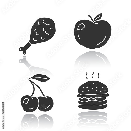 Healthy and harmful nutrition glossy icons set. Junk food and organic snacks silhouette symbols. Chicken leg, ripe apple, cherry and burger vector isolated illustration. Natural and unhealthy eating