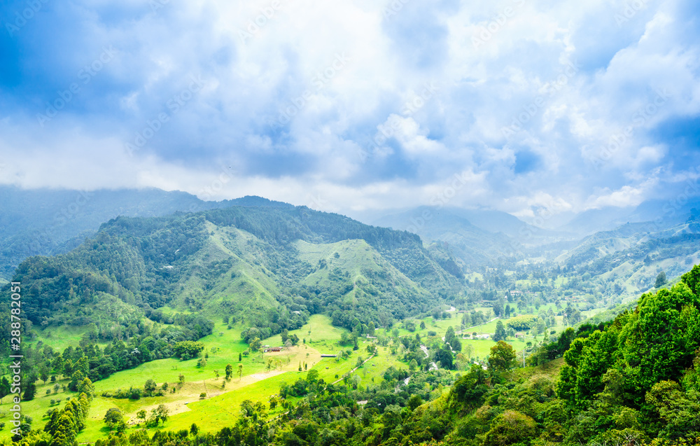 View on Lush green landscape in Colombia near the town of Salento, Colombia