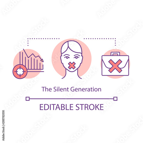The Silent Generation concept icon. Speechless girl, falling chart, briefcase. Gender inequality. Harassment at workplace idea thin line illustration. Vector isolated outline drawing. Editable stroke