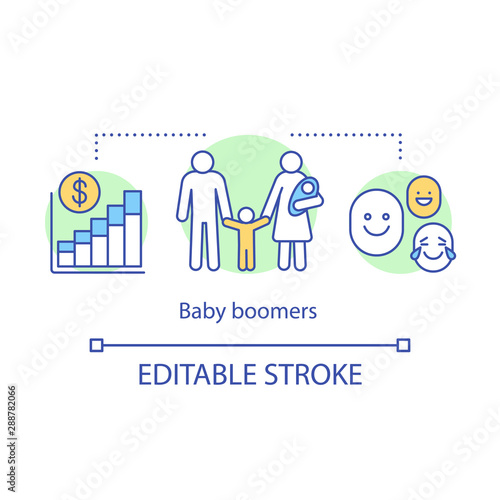 Baby boomers concept icon. Investing in future of children. Family welfare. State support for large families idea thin line illustration. Vector isolated outline drawing. Editable stroke