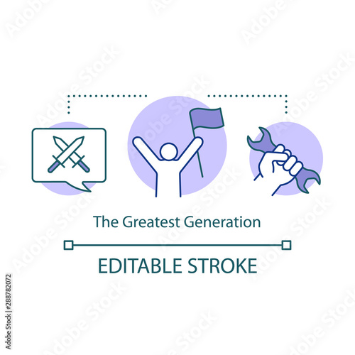 The Greatest Generation concept icon. Demographic cohort of World War II. World workers revolution idea thin line illustration. Vector isolated outline drawing. Editable stroke