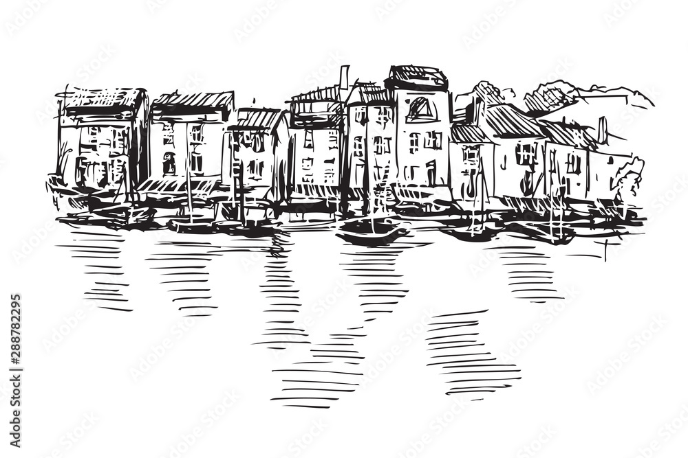 Rysynek ręcznie rysowany. Port w La Ciotat we Francji