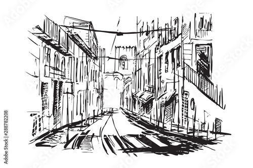 Rysynek ręcznie rysowany. Stara uliczka w Lizbonie w Porugali