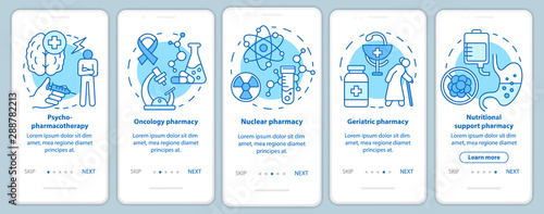 Pharmacy branch onboarding mobile app page screen with linear concepts. Nuclear and oncology drug research. Support medicine. Five walkthrough steps graphic instructions. UX, UI, GUI vector template