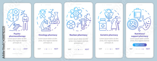 Pharmacy branch onboarding mobile app page screen vector template. Nuclear and oncology drug research. Walkthrough website steps with linear illustrations. UX, UI, GUI smartphone interface concept