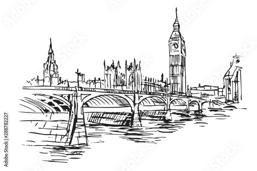 Rysynek ręcznie rysowany. Centrum Londyny z mostem i wieża Big Ben