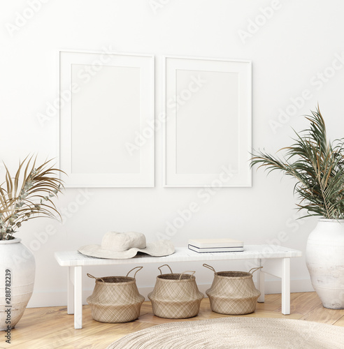 Fototapeta Plakat makieta w skandynawskim wnętrzu z ławką, koszami i gałązkami palmowymi w doniczkach, render 3d