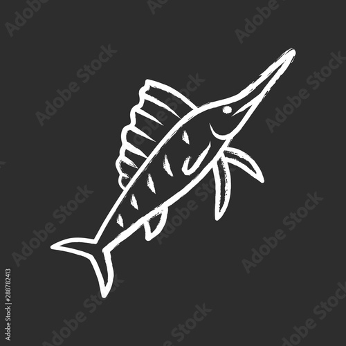 Sailfish chalk icon. Swimming fish with sharp long nose. Undersea swordfish animal. Fishing. Aquatic creature. Marine nature. Ocean fauna, sea inhabitant. Isolated vector chalkboard illustration