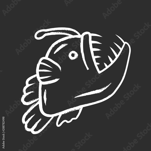 Anglerfish chalk icon. Swimming goosefish. Underwater world. Ocean monster, undersea floating animal with open mouth. Marine predator. Oceanarium. Isolated vector chalkboard illustration