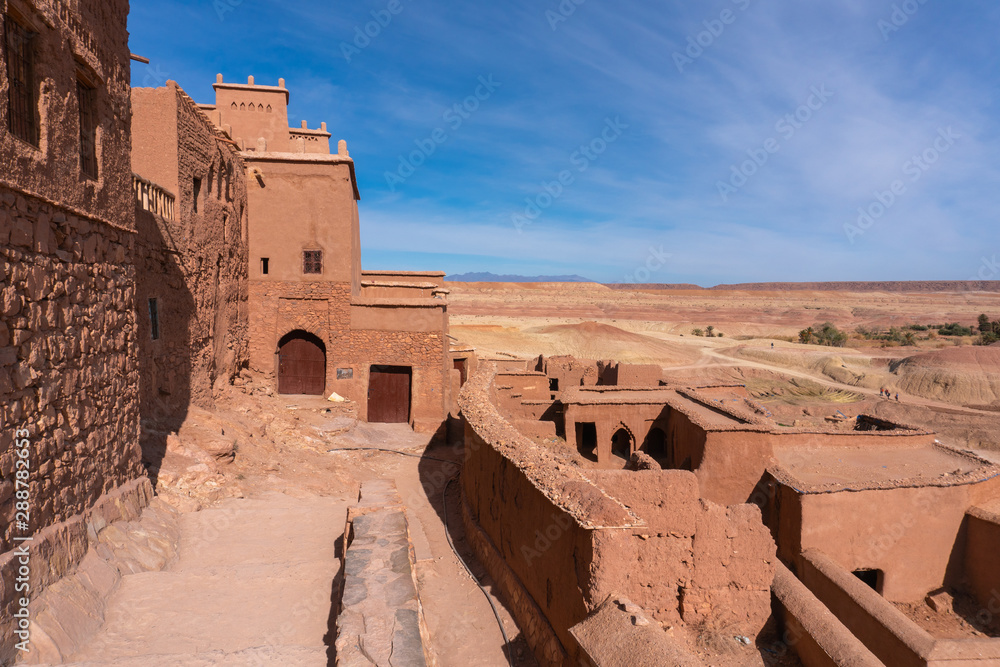 The fortified town of Ait ben Haddou near Ouarzazate on the edge of the sahara desert in Morocco. Atlas mountains. Used in many films such as Lawrence of Arabia, Gladiator The fortified town of Ait ben Haddou near Ouarzazate on the edge of the sahara desert in Morocco. Atlas mountains. Used in many films such as Lawrence of Arabia, Gladiator