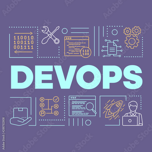 DevOps word concepts banner. Binary system. Presentation, website. Isolated lettering typography idea with linear icons. Software development and operations collaboration. Vector outline illustration