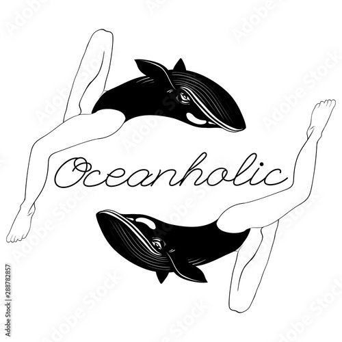 Oceanholic. Vector hand drawn illustration of whale with human legs isolated.