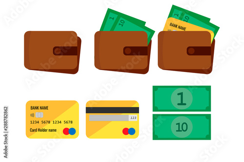Set of Wallets or Purse with cash and credit card. Business and finance symbol. Vector illustration in cartoon style. Isolated on white background