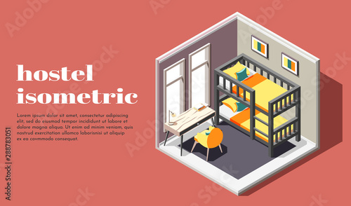 Hostel Room Isometric Poster 