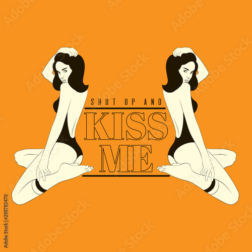 Kiss me. Vector hand drawn illustration of pretty girls in knee socks and swimsuit isolated.