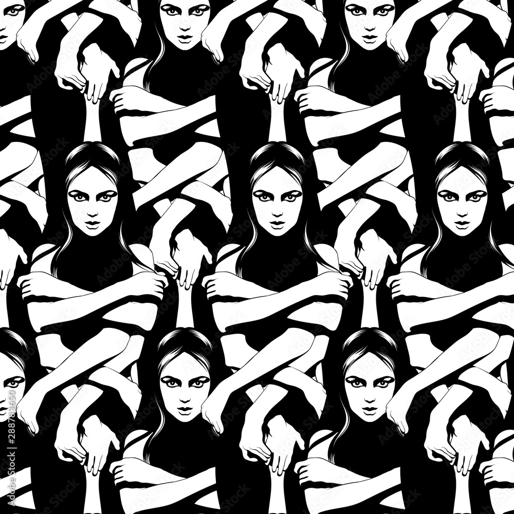 Vector pattern with hand drawn illustration of shy girl with many hands isolated. Vector pattern with hand drawn illustration of shy girl with many hands isolated.