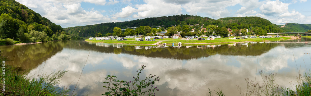 Weser River water reflections panorama. Campsite Bad Karlshafen on Weser River, Karlshaven Germany