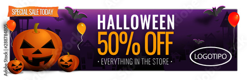 Halloween violet paper cut banner. Discount and offer vector