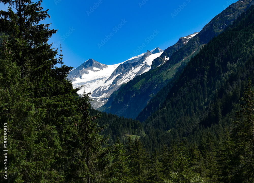 view from Untersulzbach valley towards peak of Mt. Grossvenediger at Hohe Tauern national park, Austria