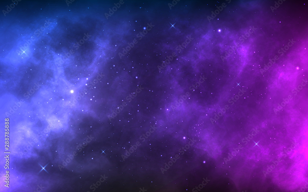 Fototapeta Tło z realistyczną mgławicą i świecącymi gwiazdami. Kolorowy kosmos z gwiezdnym pyłem i mleczną drogą. Galaktyka w magicznym kolorze. Nieskończony wszechświat i gwiaździsta noc. Ilustracji wektorowych