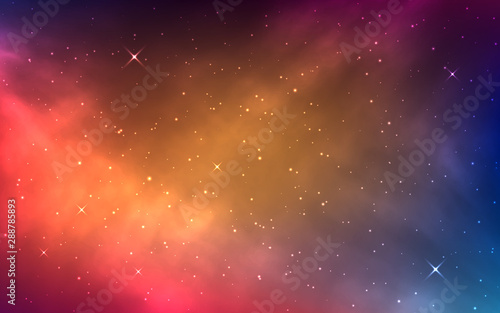 Space background with colorful nebula. Bright cosmos with milky way. Shining stars and color galaxy. Abstract stardust with cosmic elements. Realistic universe. Vector illustration