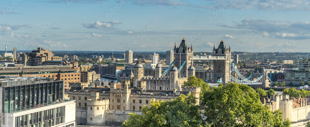 Aerial panoramic view to the iconic Tower Bridge and skyline of London, UK