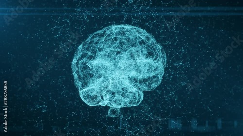 Zooming out view of rotating digital brain image on darkened background. Artificial intelligence concept, new generation technology. Futuristic atmosphere, programming, innovations concept. Modern