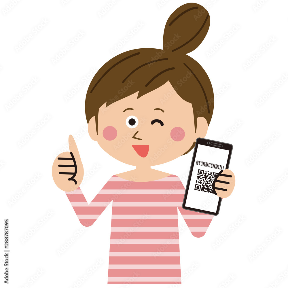 ポップな女性　QR決済　いいね！