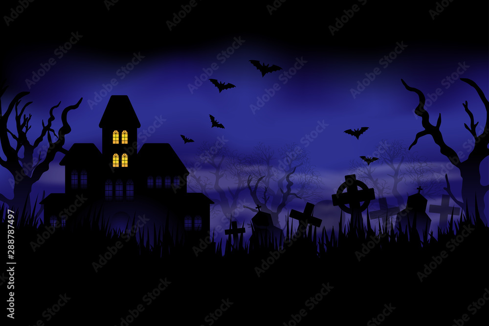 Halloween night with haunted house, cemetery and bats