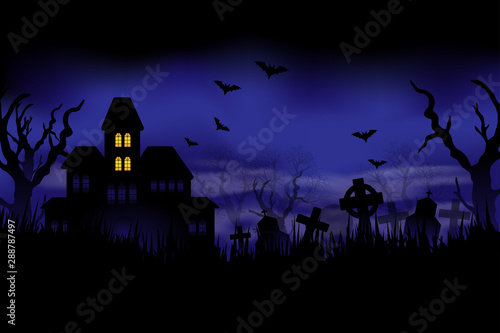 Halloween night with haunted house, cemetery and bats