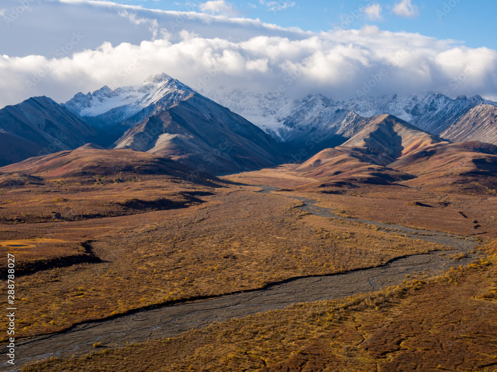 Mountains, Braided River and Autumn Tundra in Alaska, Denali National Park