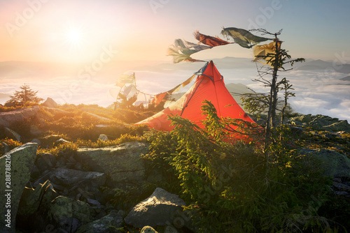 flags in the wind in the mountains