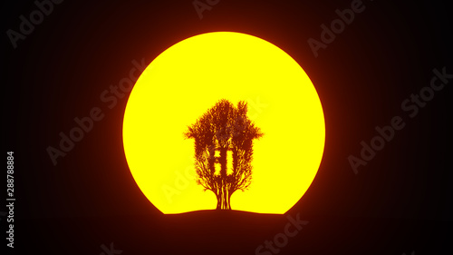 Silhouette of growing tree in a shape of a house. Eco Concept. 3D rendering.